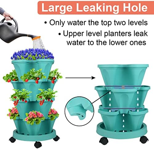 DUNCHATY Stackable Planter, Vertical Garden Planter with Wheels and Tools, Self Watering Strawberry Planter Indoor/Outdoor 3 Tier Herb Planter Pots for Growing Vegetables and Succulents, Teal - Image 4
