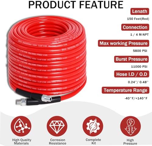 150FT 1/4-In Sewer Jetter Kit, 5800 PSI Pressure Washer Drain Cleaner Hose - Image 4