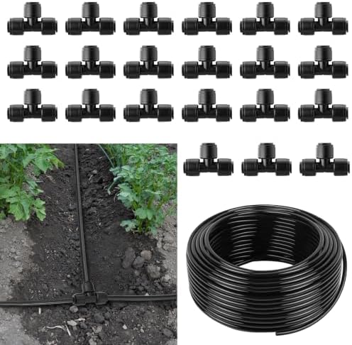 100FT 1/4 Inch Drip Irrigation Tubing with 20 Pack Tees by Doodlream