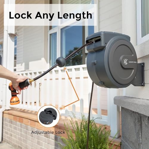 Giraffe Tools AW30 and AW25 Garden Hose Reel Retractable 1/2" x 100 ft and 78ft Wall Mounted Water Hose Reel Automatic Rewind, Any Length Lock, Dark Grey - Image 6