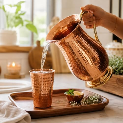 99.9% Pure Copper Water Jug 51 Oz, Hammered Copper Pitcher with Brass Handle & Brass Base, No Inner Lining, No Coating, No Lacquer, Copper Carafe for Water & Cold Beverages - Image 2