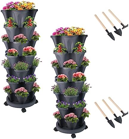 DUNCHATY Stackable Planter, Vertical Garden Planter with Wheels and Tools, Self Watering Strawberry Planter Indoor/Outdoor 7 Tier Herb Planter Pots for Growing Vegetables and Succulents, Dark Gray by DUNCHATY