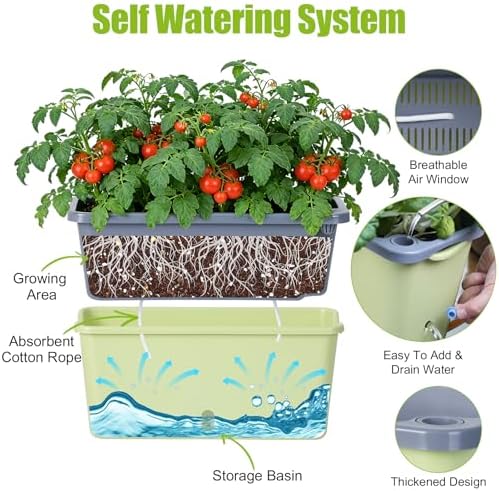 Oliz Window Box Planter 4 Packs, 14 Inches Rectangle Flower Pots with Breathable Drainage Holes, Pots for Vegetables, Herbs, Flowers, Garden Windowsill Balcony (Green & Grey) - Image 4