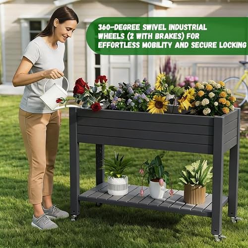 Elevated Raised Garden Bed with Legs, 33.66" Tall Self-Watering Resin Outdoor Planter Box with Storage Shelf, Drain Plug Water & Monitor for Plants Vegetables Flowers Fruits (Black) - Image 4