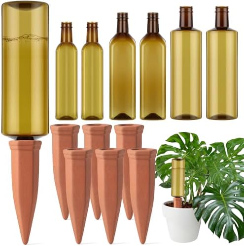 12 Pcs 17oz 25oz 34oz Plant Watering Devices 6 Terracotta Self Watering Spikes 6 Plastic Bottles Slow Release Vacation Planter Insert Automatic Water System for Indoor Outdoor Potted Plant by Ferrochef
