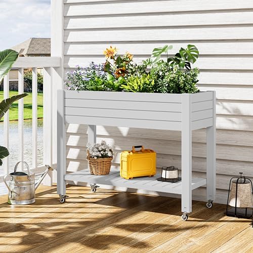 33.7" Tall Raised Garden Bed with Wheels, Divisible Resin Planter Box with Drainage Gauge & Storage Shelf, Herb Planter for Garden Patio Backyard, Medium Ashen (33.7" h) - Image 2