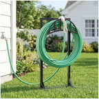 YQSLYSF 2 Pack Garden Hose Holder, Water Hose Stand with 4 Stake and 2 Tool Hooks, Heavy-Duty Metal Hose Storage Holds 150Ft, Freestanding Hose Hanger Rack for Outside, Yard, Lawn, Farm - Image 2