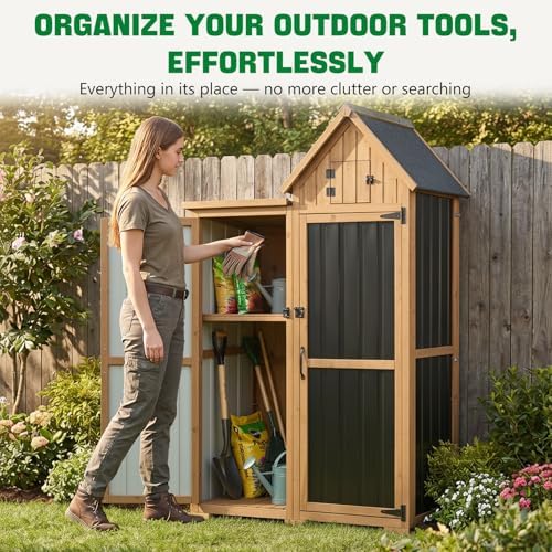 Ketive Outdoor Storage Cabinet, 67" Wooden Garden Tool Storage Shed - Image 2