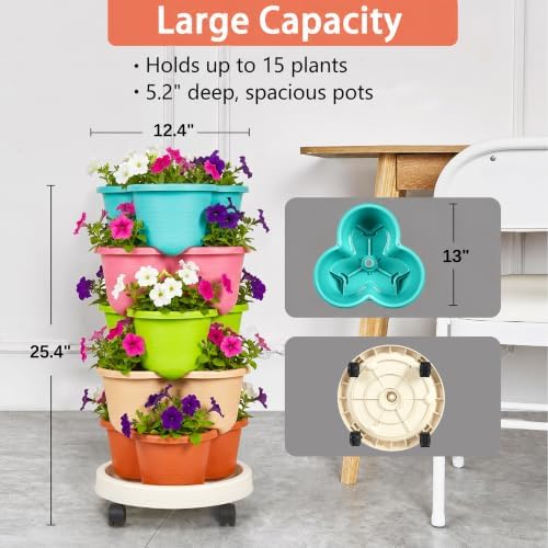 VECELO 5 Tier Vertical Garden Planter, Self Watering Stackable Planters with Wheels for Strawberries, Herbs, Flowers, Vegetables, Multicolor - Image 4
