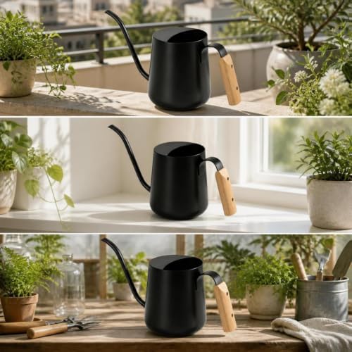 Compact Watering Can with Wooden Handle, Matte Black - Image 4