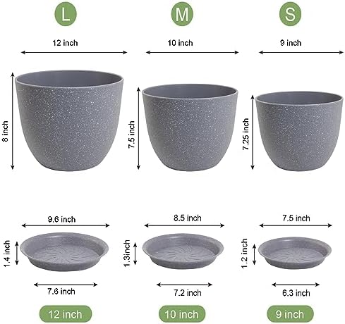 UOUZ 12/10/9 Large Modern Plant Pots, Plastic Planters with Drainage Holes and Saucers for Indoor Outdoor Plants Flowers, Grey Speckles - Image 2