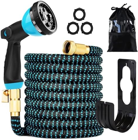 75 ft Expandable Garden Hose - Kink Free Flexible Water Hose with Thumb-Controlled 10-Function Nozzle, 3/4 Solid Connectors, Durable 3750D Fabric, 4-Layer Latex Core by Qxiaofei