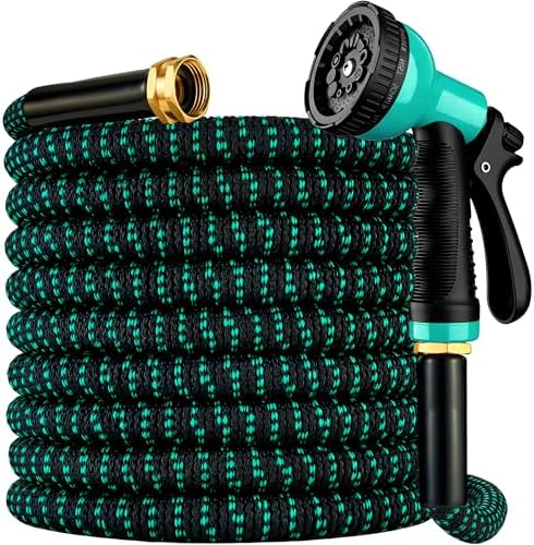 Expandable Garden Hose 50 ft with 10 Function Spray Nozzle, Flexible, Kink Free, Leak-Proof, Ultra Lightweight Retractable Stretch Water Hose 50ft for Yard, Lawn, Car Wash and Outdoor (Black Cyan) by Smainder