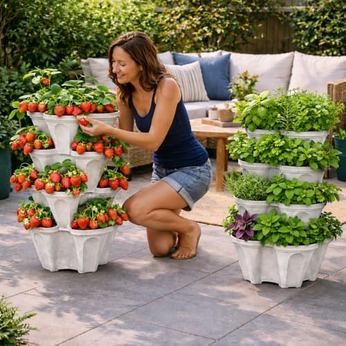 Vertical Garden Planter 4 Tier Stackable System 16 Plants, Space Saving Herb, Strawberry & Food Crop Planter with Center Support Hole for Indoor Outdoor Gardening (4, Stone, Large) - Image 2