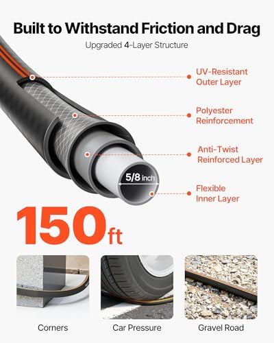 VEVOR Garden Hose, 150 ft 5/8" Heavy Duty Rubber Water Hose with 10 Mode Nozzle, 150PSI Working & 600PSI Burst, Flexible & Non-kink Outdoor Waterhose with 3/4" Fitting, Lightweight Hoses for Gardening - Image 2