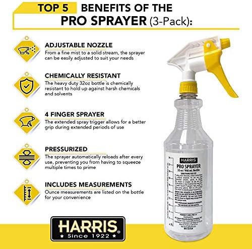 HARRIS Professional Spray Bottle 32oz (9-Pack), All-Purpose for Cleaning and Plants with Clear Finish, Pressurized Sprayer, Adjustable Nozzle and Measurements - Image 2