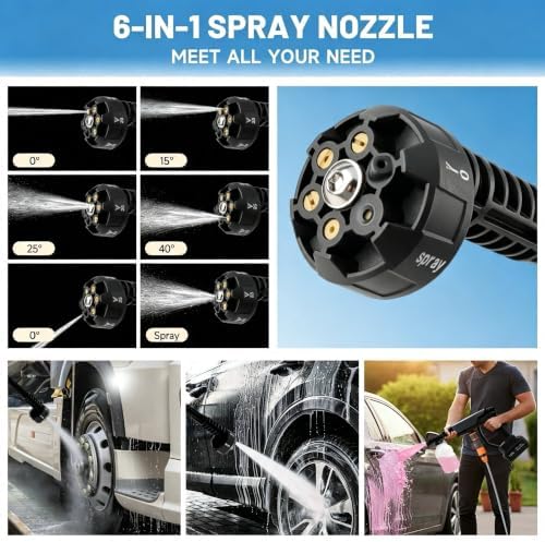 Cordless Portable Washer, Car Wash Kit, 6-in-1 Nozzle, 5 Meter Hose, 900 Max PSI Water Jet, Draw Water Anywhere, for Cars, Fences, Driveways, Home, Garden - Image 2