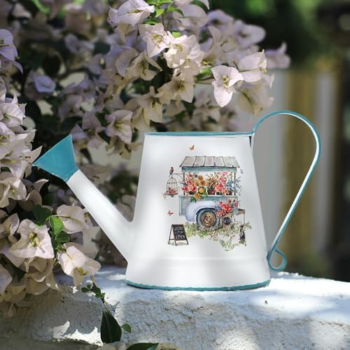 Cute Small Watering Can Indoor Plants Garden Metal Decorative Watering Cans for Outdoor Plants Bonsai Outdoor Garden Flower Decorative (White Blue, 1.5L, 50.7 Oz) - Image 5