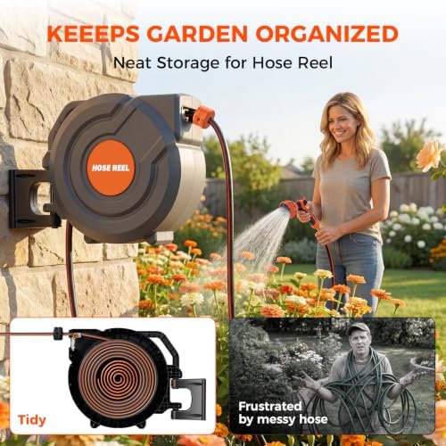 Upgraded Retractable Garden Hose Reel 5/8 inch x 100 ft Wall-Mounted 9 Pattern Nozzle Any Length Lock Automatic Slow Return 180° Swivel UV Resistant Heavy Duty Hose Reels for Outside - Image 2
