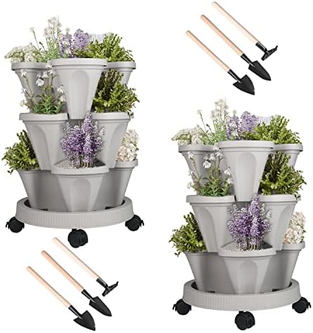 DUNCHATY Stackable Planter, Vertical Garden Planter with Wheels and Tools, Self Watering Strawberry Planter Indoor/Outdoor 3 Tier Herb Planter Pots for Growing Vegetables and Succulents,Gray by DUNCHATY