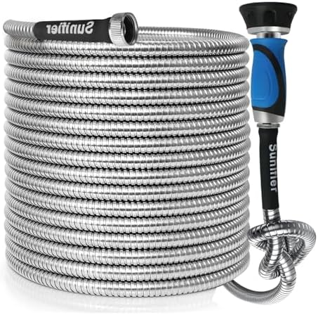 Metal Garden Hose 30 Ft Flexible Stainless Steel Water Hose 25 Ft 50 Ft With Hose Nozzle, Heavy Duty No Kink Hose (30FT) by Sunifier