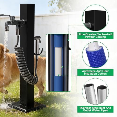 304 Stainless Steel Outdoor Vertical Square Garden Water Column, Freestanding Hose Stand with 2 in 1 Double Brass Faucet and Spray Gun, Black Yard Hydrant for Backyard and Irrigation, 37.4 in - Image 5