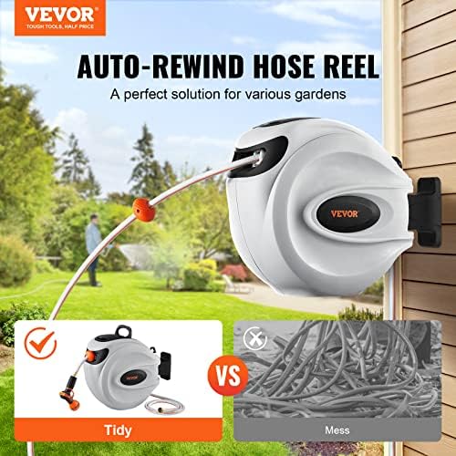 VEVOR Retractable Hose Reel, 65 ft x 5/8 inch, 180° Swivel Bracket Wall-Mounted & Retractable Air Hose Reel, 3/8 IN x 50 FT Hybrid Air Hose Max 300PSI - Image 3