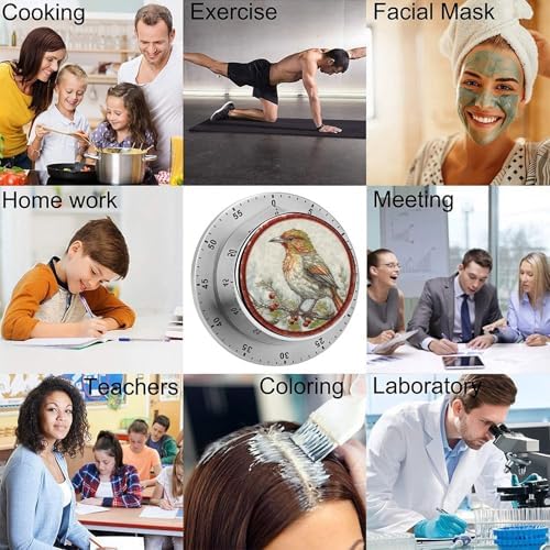 Mechanical Kitchen Timers for Cooking,Embroidery Bird Printed 60 Minute Magnetic Countdown Timer,Cute Cooking Timers with Alarm,Stainless Steel Time Timer Manual No Batteries Required - Image 5