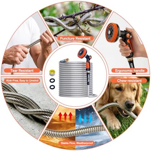 Rosy Earth Metal Garden Hose 25ft, Lightweight Steel Water Hose with 8-Mode Wide Nozzle - Image 5