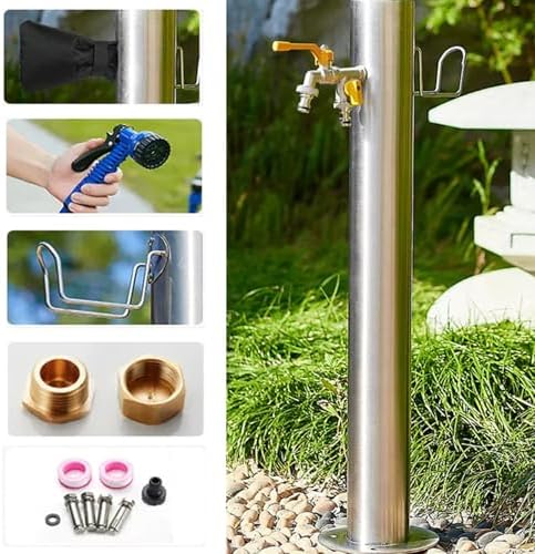 304 Stainless Steel Cylindrical Vertical Garden Water Column, Freestanding Hose Stand with Faucet, Vertical Water Hydrant Decorative Water Feature Fountain Stainless Steel Color H33.9in - Image 2
