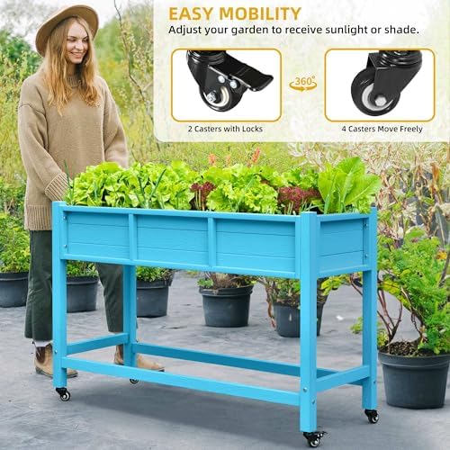 DWVO Raised Garden Bed HDPE with Wheels 47x18x31in Weather-Resistant Poly Wood Raised Planter Box Outdoor with Legs, Elevated Garden Bed for Patio Balcony Backyard, Blue - Image 5