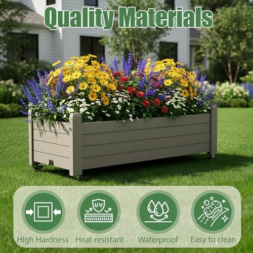 Raised Garden Bed with Wheels Outdoor, Resin Planter Box with Drain Hole and Water Level Detector for Backyard, Patio, Balcony, Gray(13.3" H) - Image 6