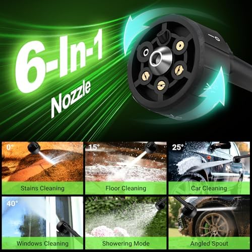 Cordless Portable Washer, 3 Gear 1200PSI Brushless Washer for Car Washing, Patio, Fence, Driveway, Outdoor Cleaning， with 2 Batteries, 6 in 1 Nozzle, 6 Meter Hose, Tap Adapter - Image 2