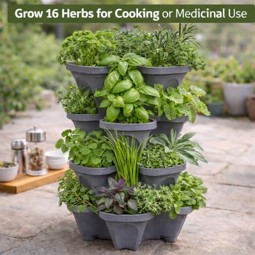 Vertical Garden Planter 4 Tier Stackable System 16 Plants, Space Saving Herb, Strawberry & Food Crop Planter with Center Support Hole for Indoor Outdoor Gardening (4, Slate Gray, Large) - Image 4