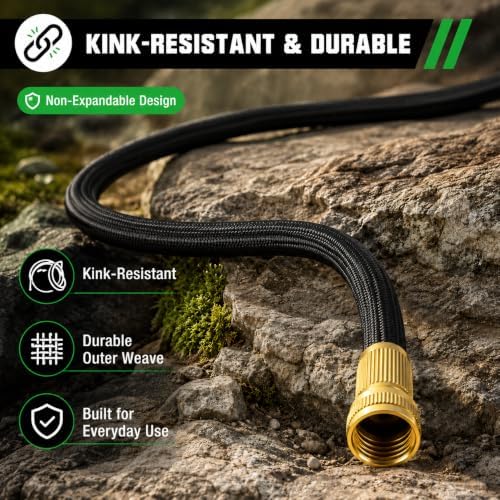 Black Non Expandable Garden Hose 50ft with 10 Function Nozzle, Lightweight 50 ft Water Hose for Yard, Lawn, Camping - Image 4