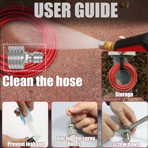 150FT Sewer Jetter Kit for Pressure Washer 5800PSI,1/4" NPT Drain Jetter Hose with 1/4" Quick Plug，3 Sewer Jet Nozzles，Spanners Teflon Tape Gloves and Spray Nozzle for Cleaning - Image 4