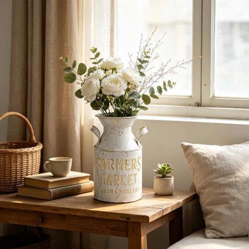10.2" H Vintage Metal Milk Can Vase, Rustic Farmhouse Decorative Flower Vases, Distressed Pitcher Jug Vases for Indoor Outdoor Home Kithen Garden Table Centerpiece Decor - Image 3