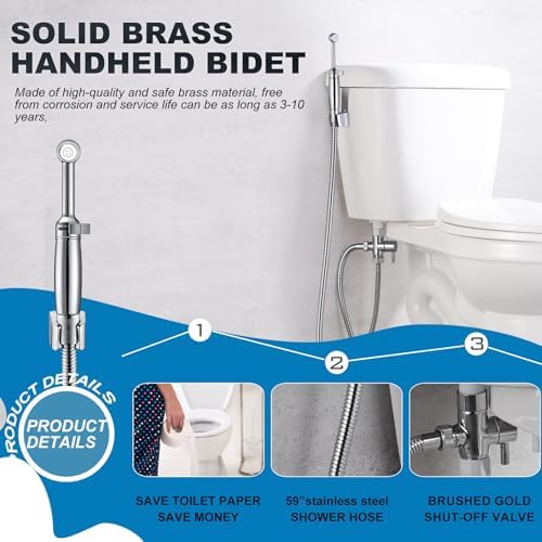 SonTiy Handheld Bidet Sprayer for Toilet, All Metal Cloth Diaper Toilet Sprayer Bidet Attachment with Backflow Preventer, Adjustable Water Jet Spray, 7.2" Brass Hand Held Bidet Wand, Chrome - Image 2