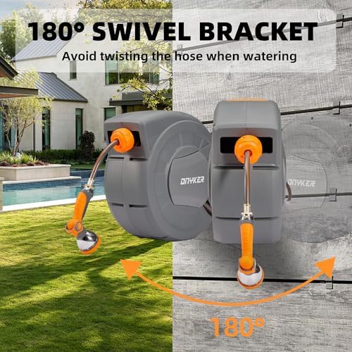 Retractable Garden Hose Reel, 1/2 inch x120 ft Water Hose Reel Wall Mounted, Any Length Lock, Slow Auto-Rewind, 180°Swivel Bracket & 10 Pattern Nozzle - Image 4