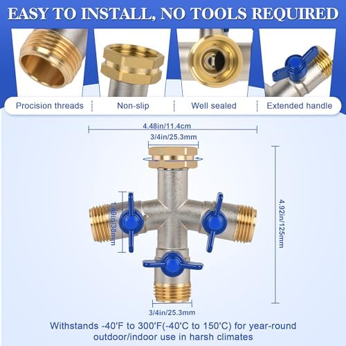 EJW Hose Splitter 3 Way, Garden Hose Splitters,High Flow Garden HoseSplitter, Heavy Duty Faucet Splitter,three wayHose Connector，Spigot Splitter, three Way Hose Manifold Valve 3/4 Inch GHT Thread. - Image 3