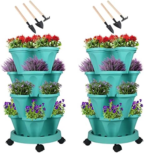 GameXcel Vertical Planter Tower - 4 Tier Stackable Garden Planters with Wheels and Tools Plant Pots for Strawberry Herb Flower and Vegetable Indoor Outdoor Use Teal 2 Pack by GameXcel