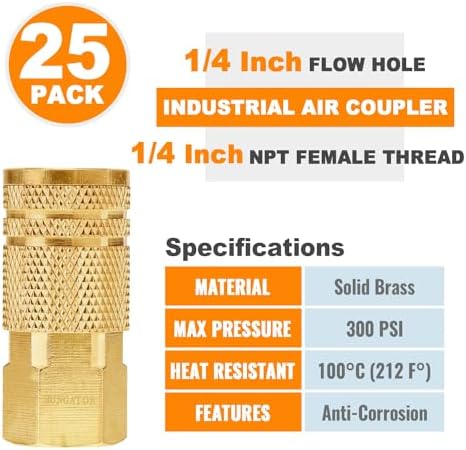 SUNGATOR 1/4" Air Hose Fittings, 25-PCS Brass 1/4" FNPT Industrial Coupler - Image 2