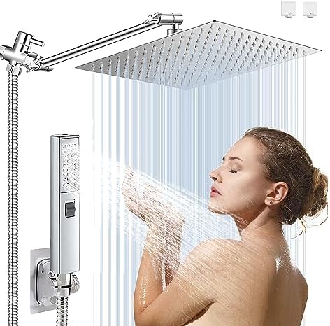 10" High Pressure Square Rainfall Shower Head and 2-in-1 Hand Shower, Equipped with 78"Hose,3 Way Diverter Valve, Adhesive Shower Head Holder (AWAXFOLO Chrome Square Shower Head Set) by AWAXFOLO