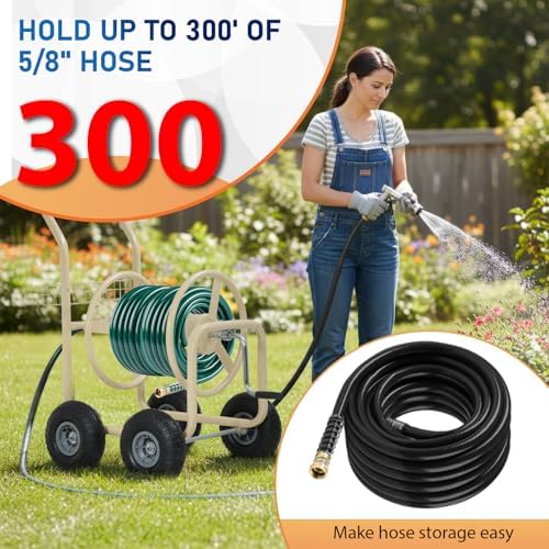 FDW Garden Hose Reel Cart, Water Hose Cart with 4 Wheels, Hold Up to 300 ft of 5/8’’ Hose，Heavy Duty Powder-Coated Steel Planting with Storage Basket, for Garden, Yard and Lawn - Image 5