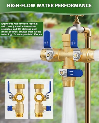 Garden Hose Splitter, 3 Way Heavy Duty Brass hose splitter, Water Hose Bib Spigot Splitter with 0.59" Full Flow Ball Valve Outlet & Shut-Off Valve 3/4'' Connector Outdoor Water Faucet Adapter（Blue） - Image 5