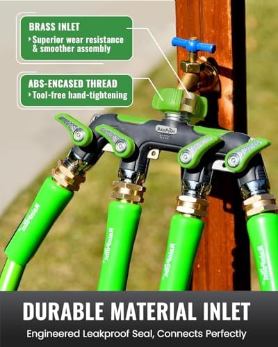 RAINPOINT 4 Way Garden Hose Splitter, 100% Metal Heavy Duty Water Hose Splitter with Individual Shut-Off Valves, 3/4" GHT High Flow Outdoor Faucet Splitter, 1.81" Extra Long Handle (Green) - Image 4