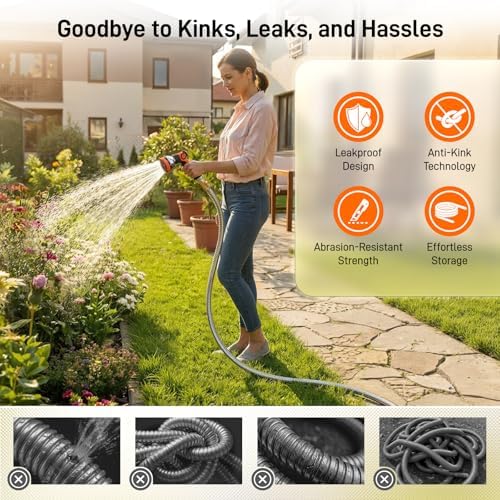 Garden Hose, 50ft 5/8" Stainless Steel Water Hose w/ 10-Mode Spray Nozzle, On/Off Valve, 523 PSI Burst, Anti-Kink, Lightweight All-Weather Flexible, Leakproof 3/4" Brass Male to Female Fittings - Image 4