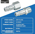 1/2” Air Hose Fittings Set, High Flow 4PCS I/M Industrial Type 1/2 Inch NPT Male Threads Size Plugs and 1PC Female Air Plug, Steel Air Compressor Accessories Quick Connect Fittings 300PSI (Pack of 2) - Image 2