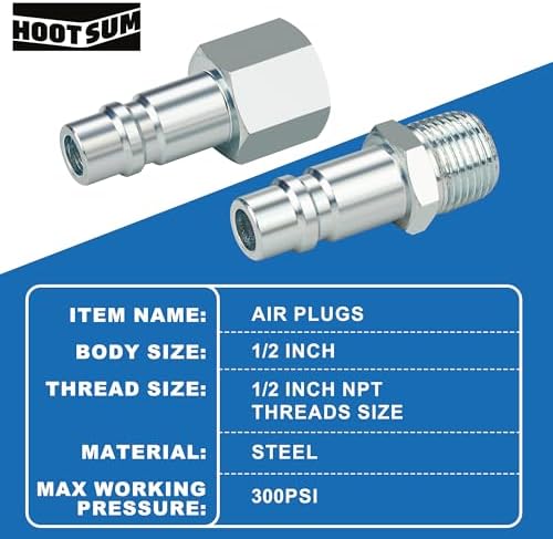 1/2” Air Hose Fittings Set, High Flow 4PCS I/M Industrial Type 1/2 Inch NPT Male Threads Size Plugs and 1PC Female Air Plug, Steel Air Compressor Accessories Quick Connect Fittings 300PSI (Pack of 2) - Image 2