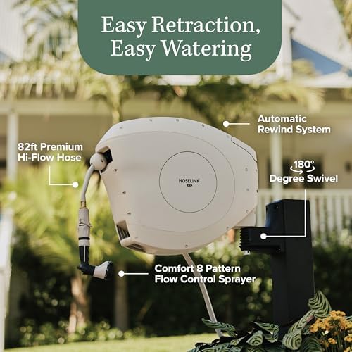 HOSELINK Classic Beige 82ft Hi-Flow Automatic Retractable Garden Hose Reel, 9/16”, 8-Pattern Spray Nozzle, UV-Stabilized Kink-Free Hose, Wall Mounted Watering Solution for Backyard, Garden & Outdoor - Image 2